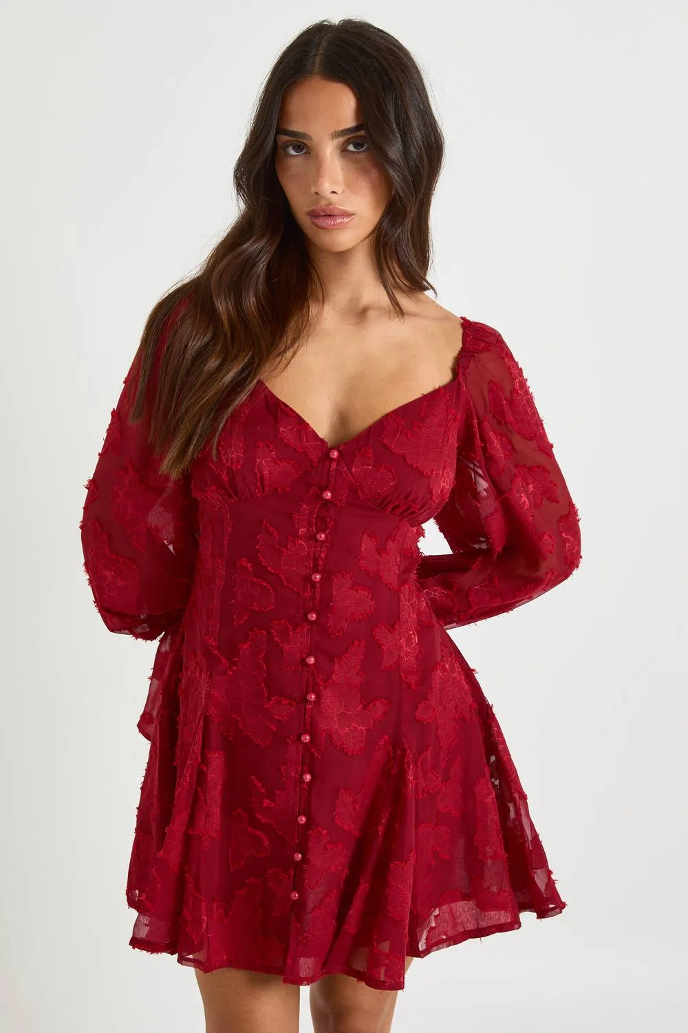 Burnout Floral Godet Hem Mini Dress - Denim/Chiffon/Polyurethane by boohoo