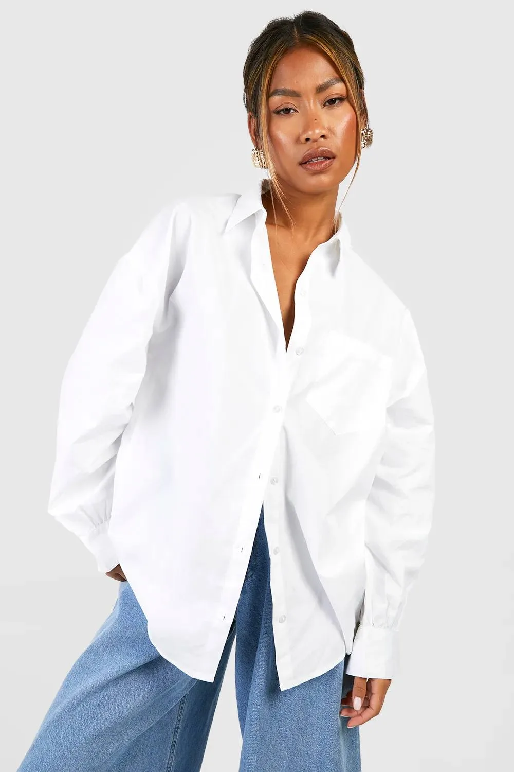 Basics Oversized Cotton Poplin Shirt - Denim/Cotton by boohoo