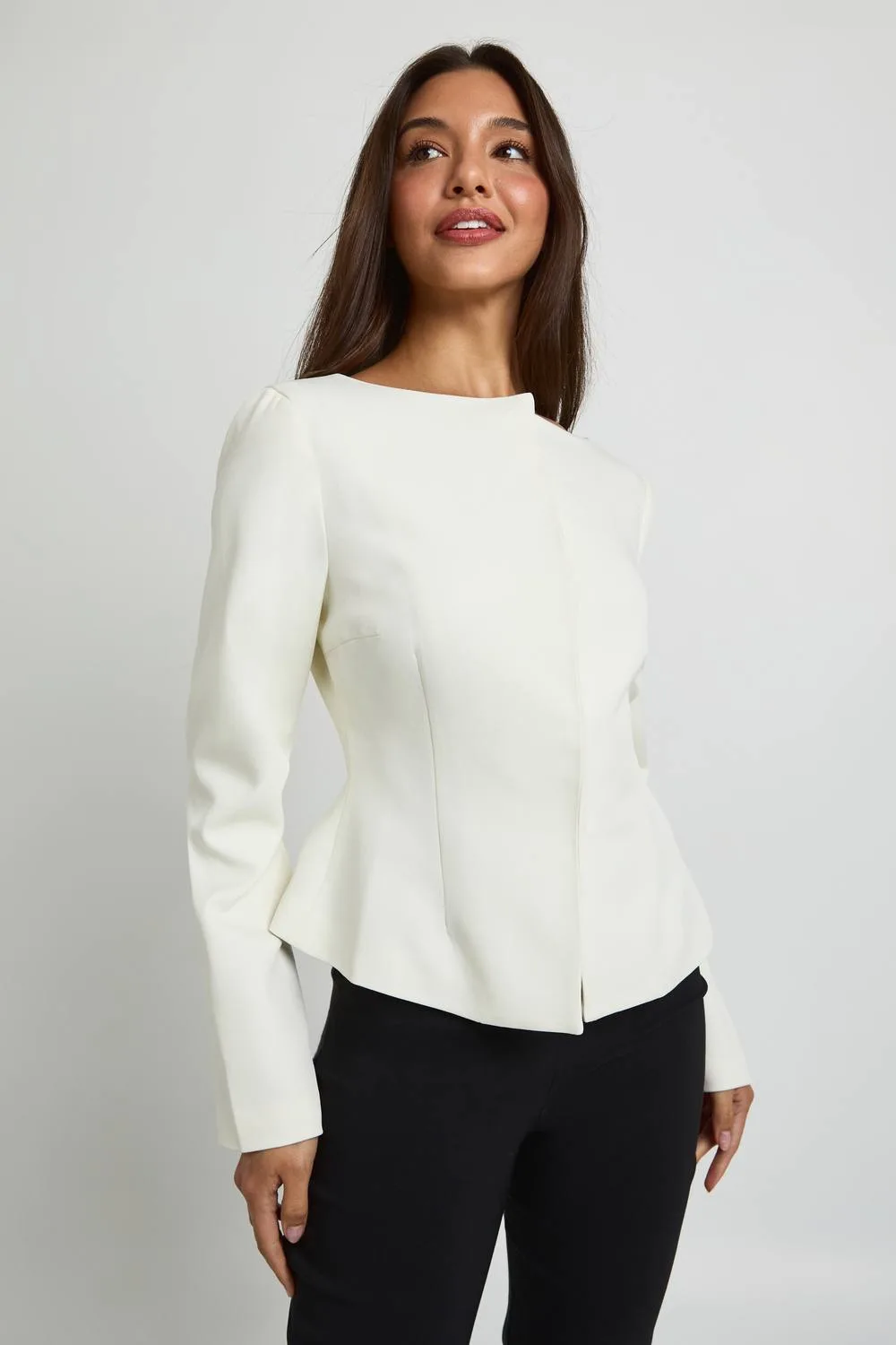 Boat Neck Concealed Front Blazer - Polyurethane/Woven