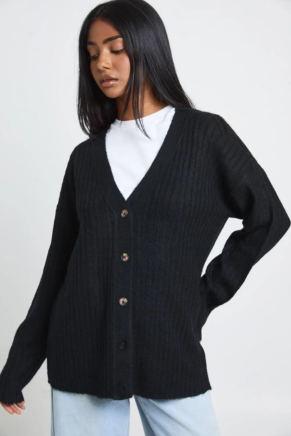 Rib Knit Boyfriend Cardigan - Polyurethane by boohoo