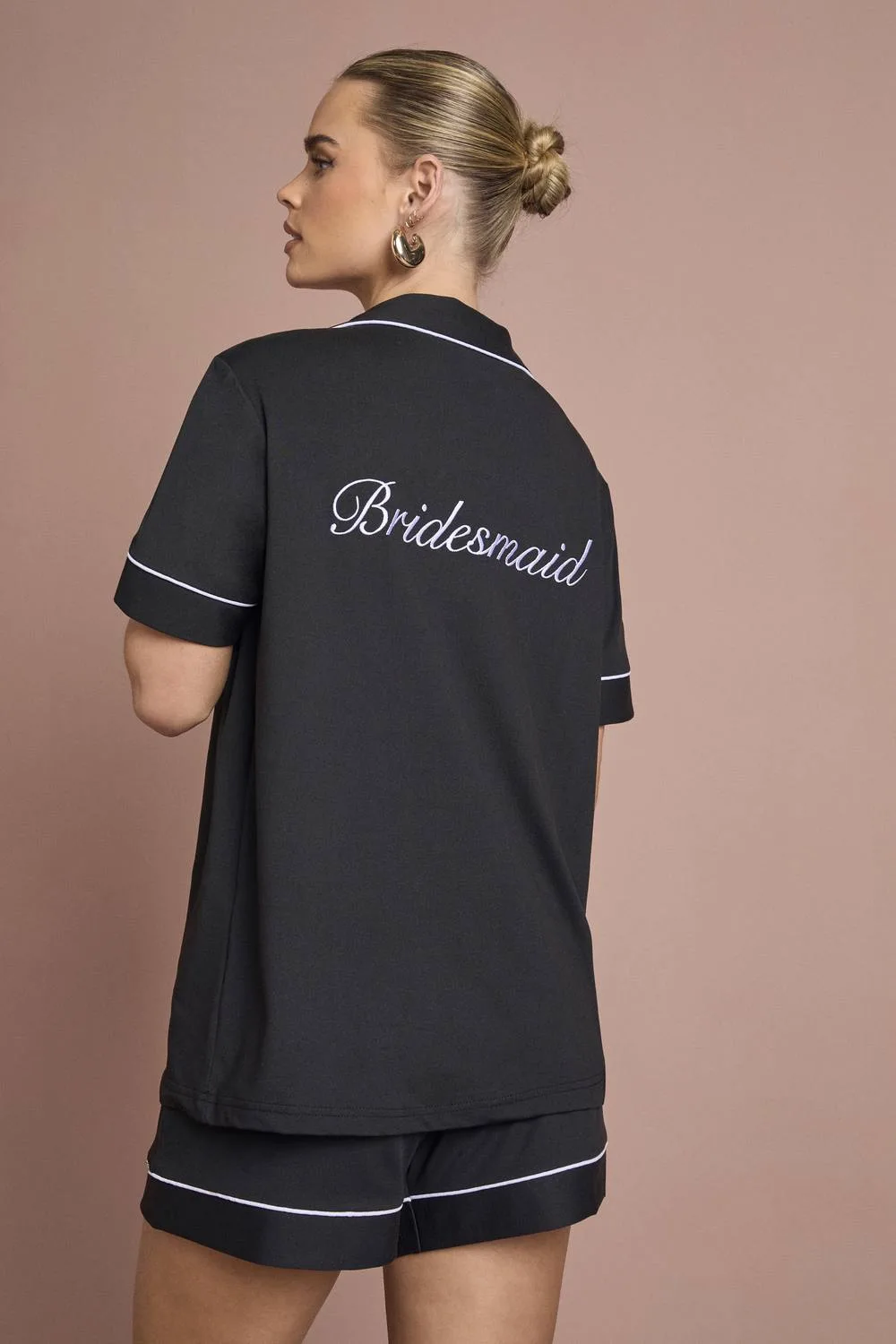 Bridal Bridesmaid Jersey Embroidered Short Sleeve Shirt & Short Pyjama Set - Polyurethane by boohoo