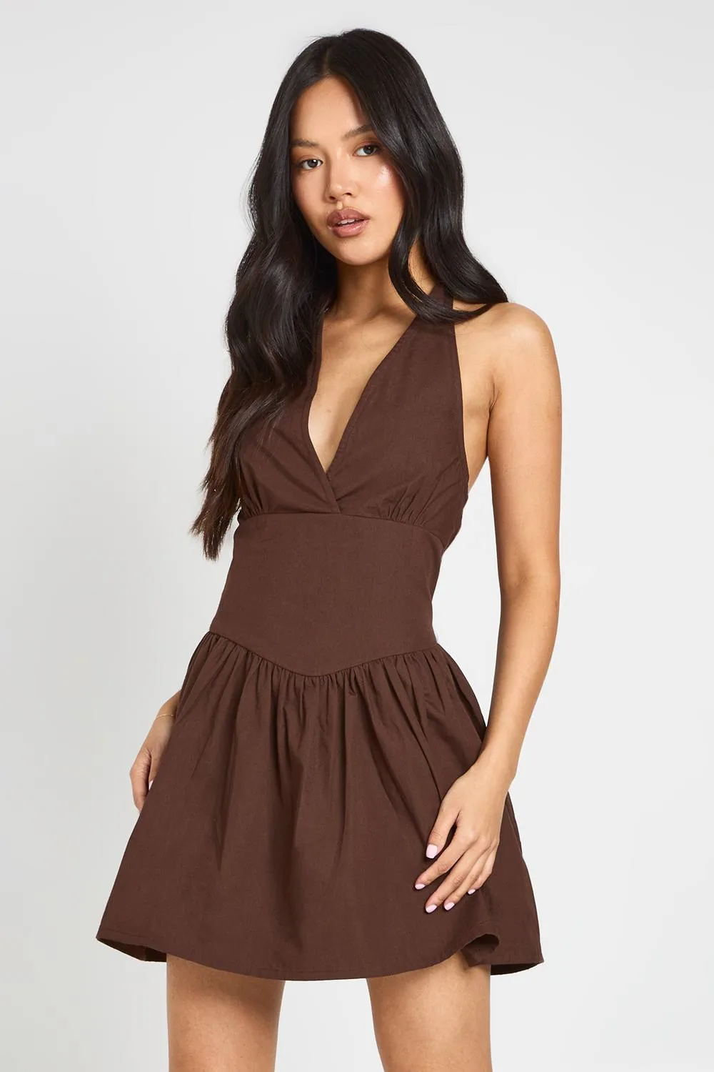 Cotton Poplin Halter Neck Pleated Mini Dress - Denim/Cotton