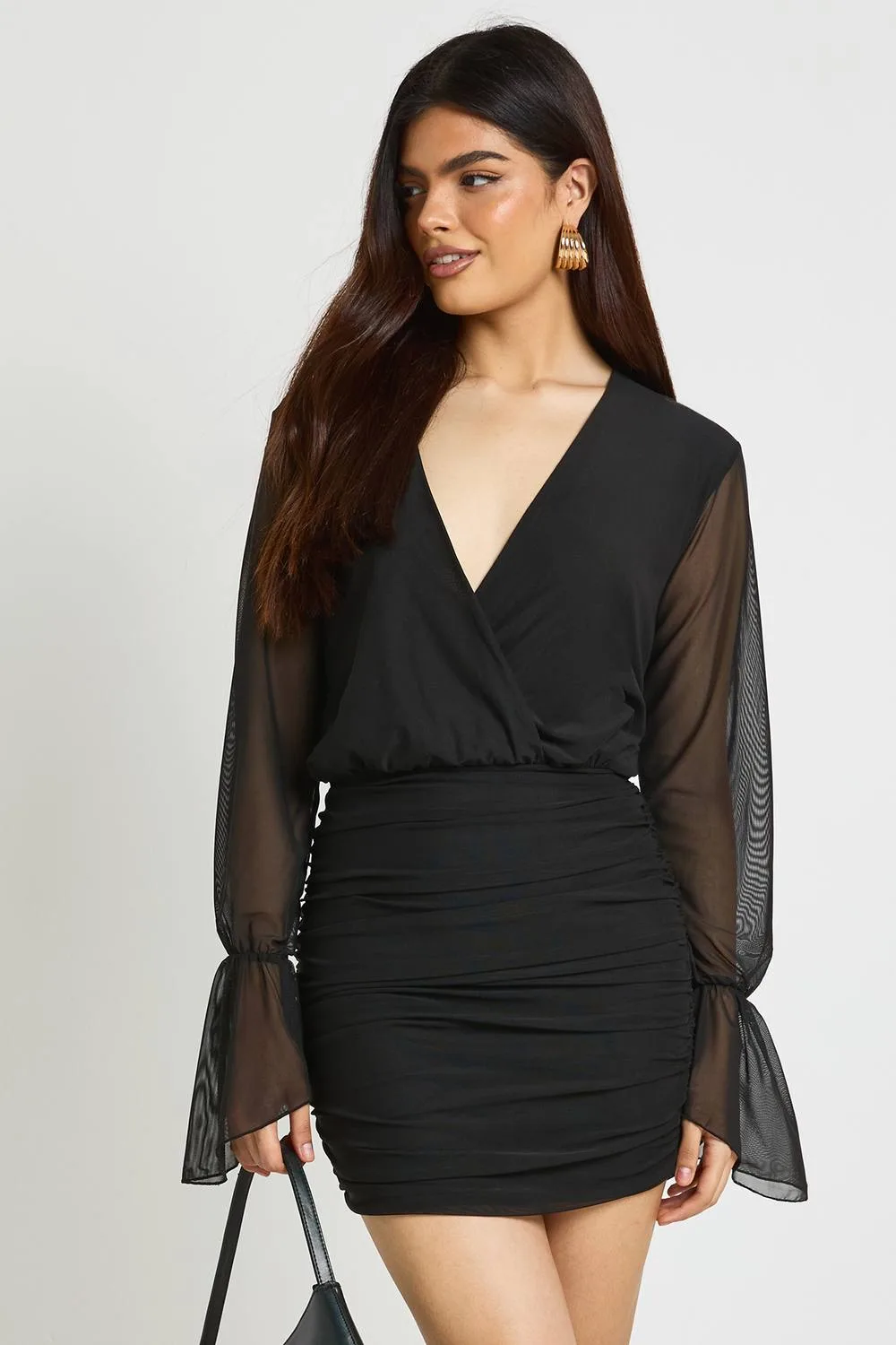 Mesh Flare Sleeve Wrap Bluson Mini Dress by boohoo