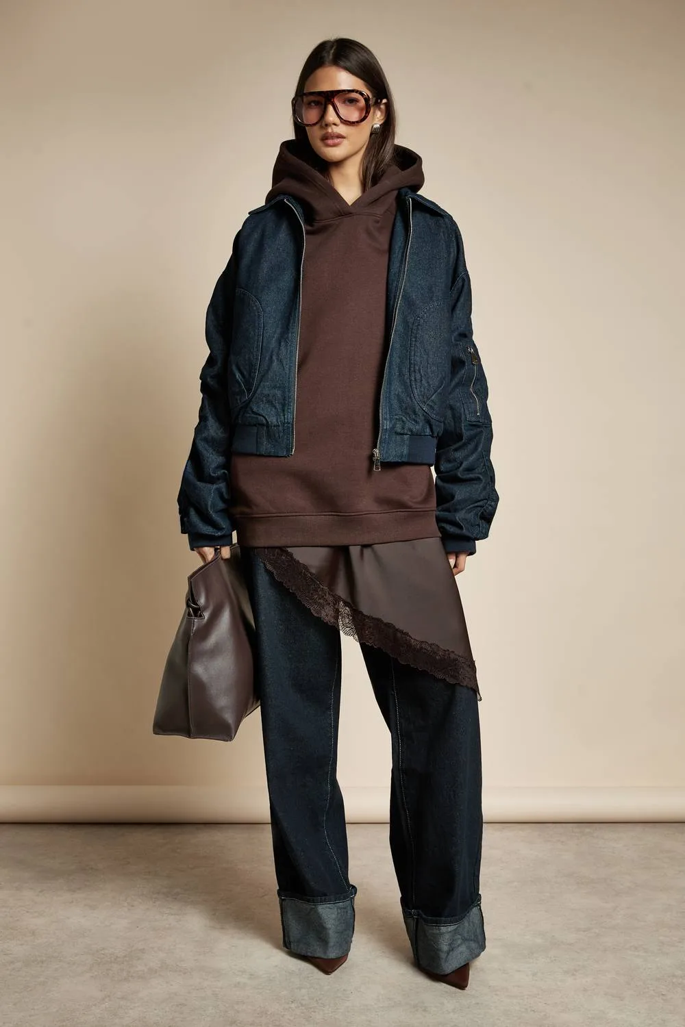 Ruched Sleeve Denim Bomber Jacket by boohoo