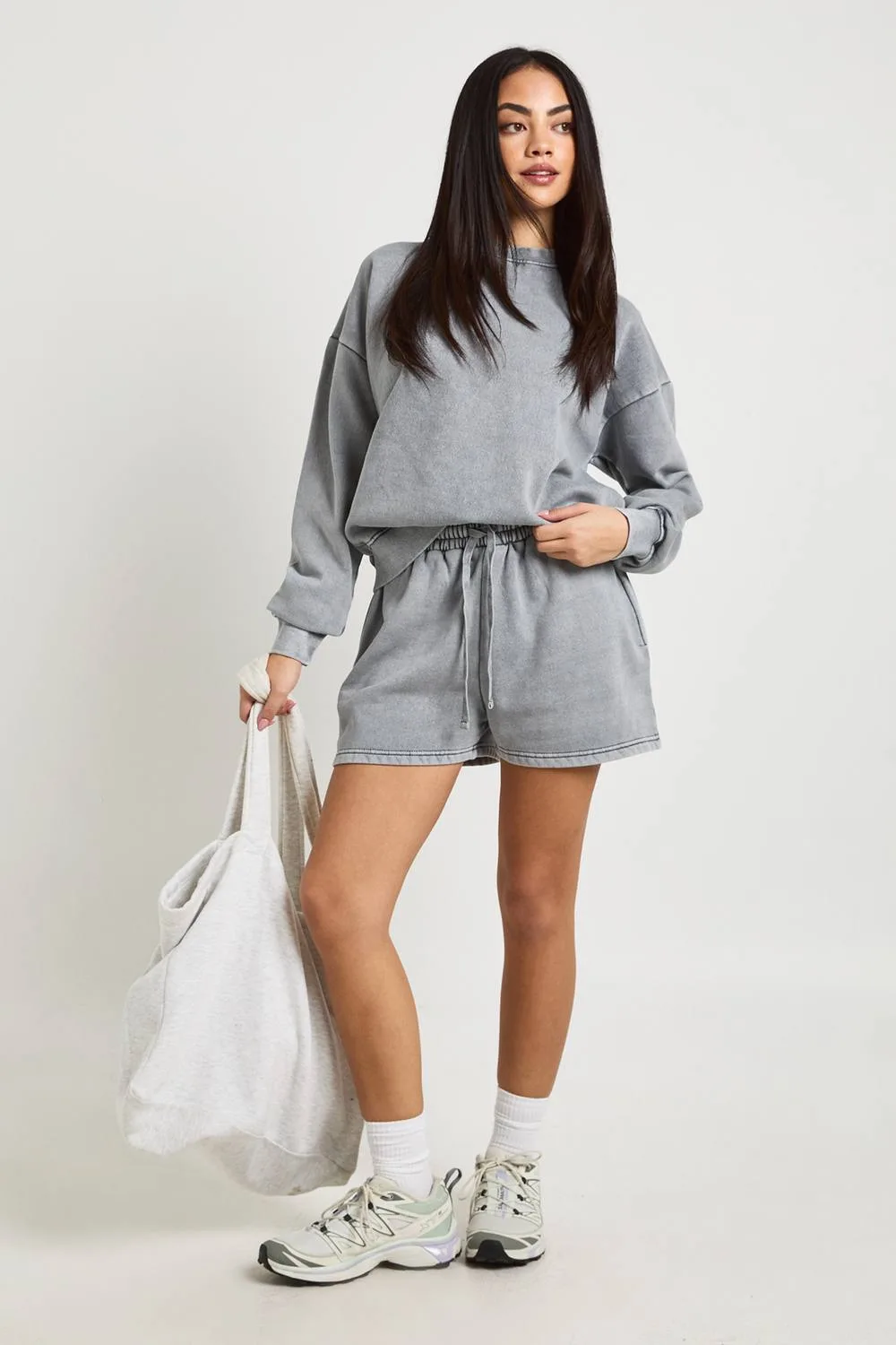 Washed Crew Neck Sweatshirt Short Tracksuit - Denim/Polyurethane by boohoo