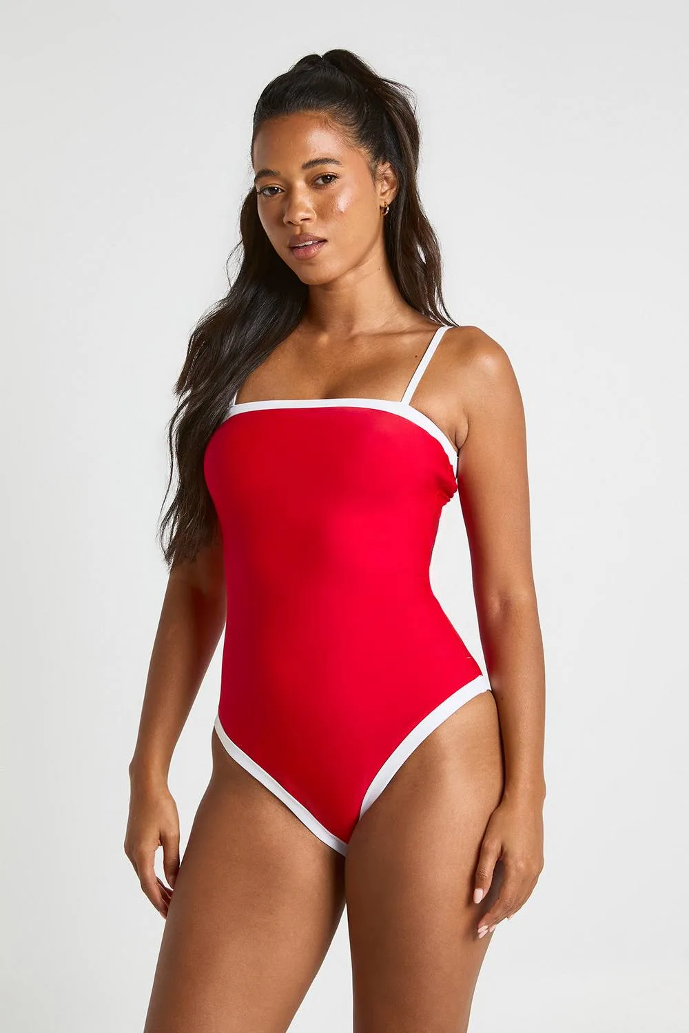 Tummy Control Contrast Square Neck Swimsuit - Knitted
