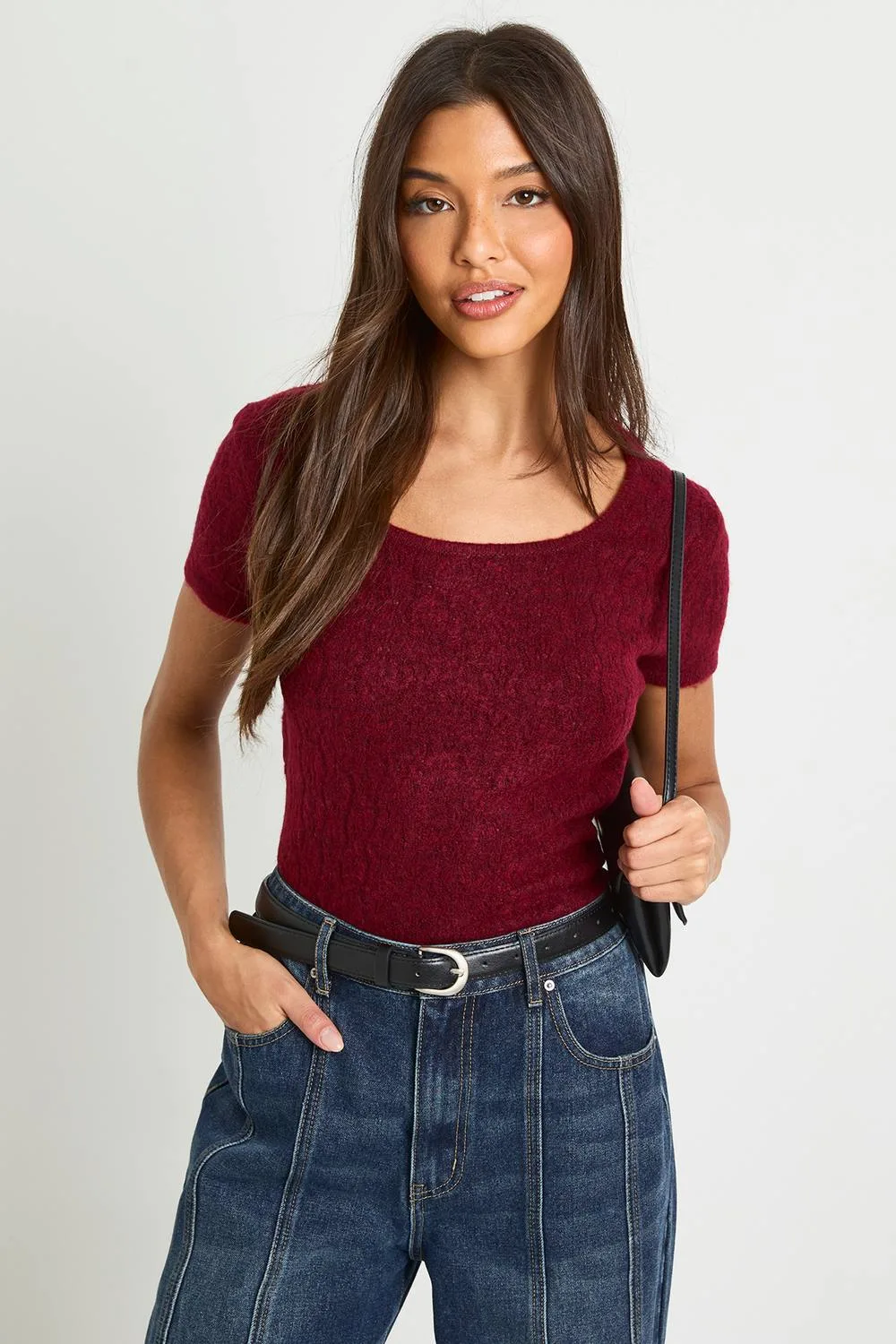 Textured Knit Crew Neck Knitted Top by boohoo
