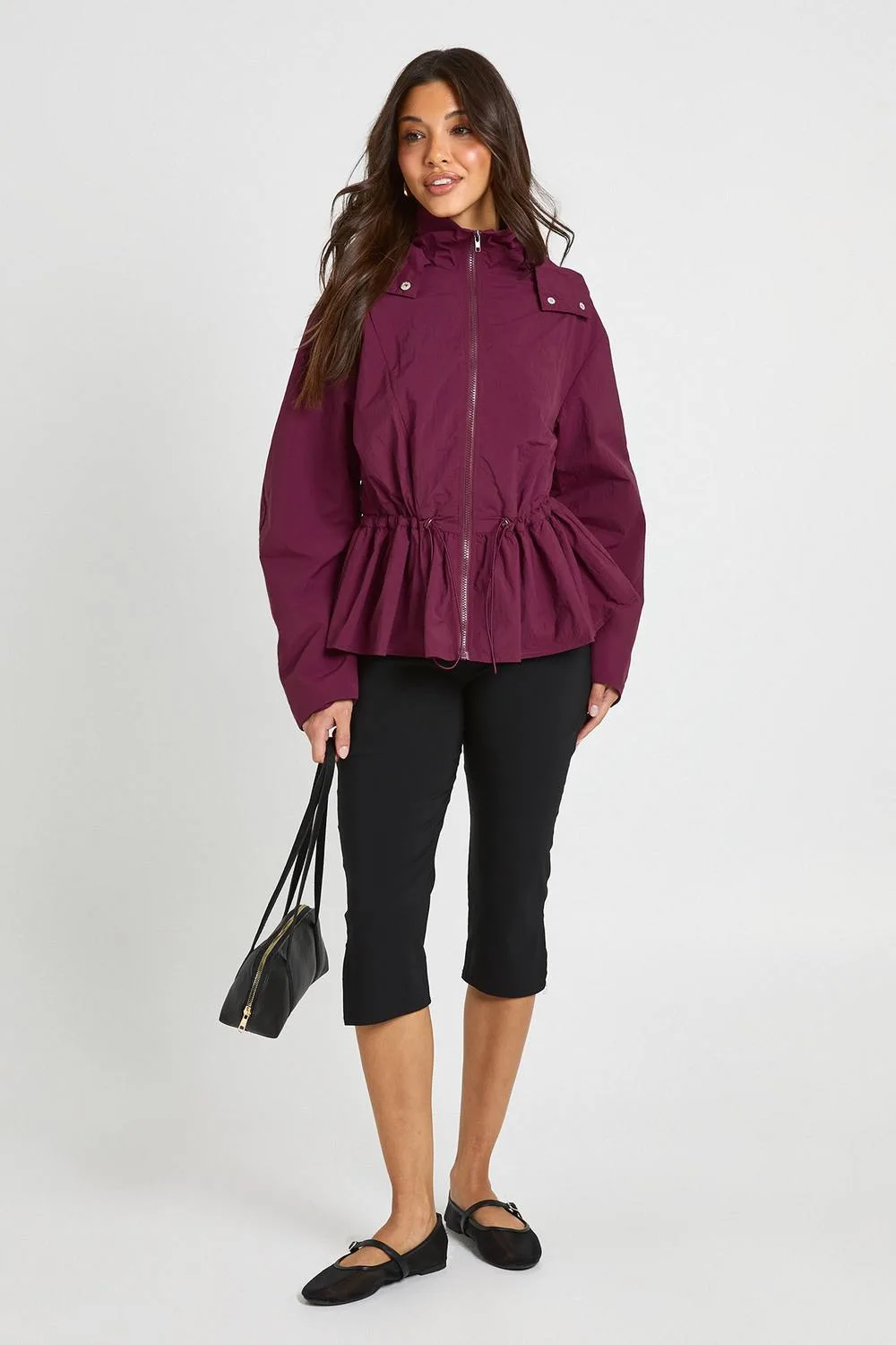 Hooded Synch Waist Jacket - Nylon/Polyurethane by boohoo