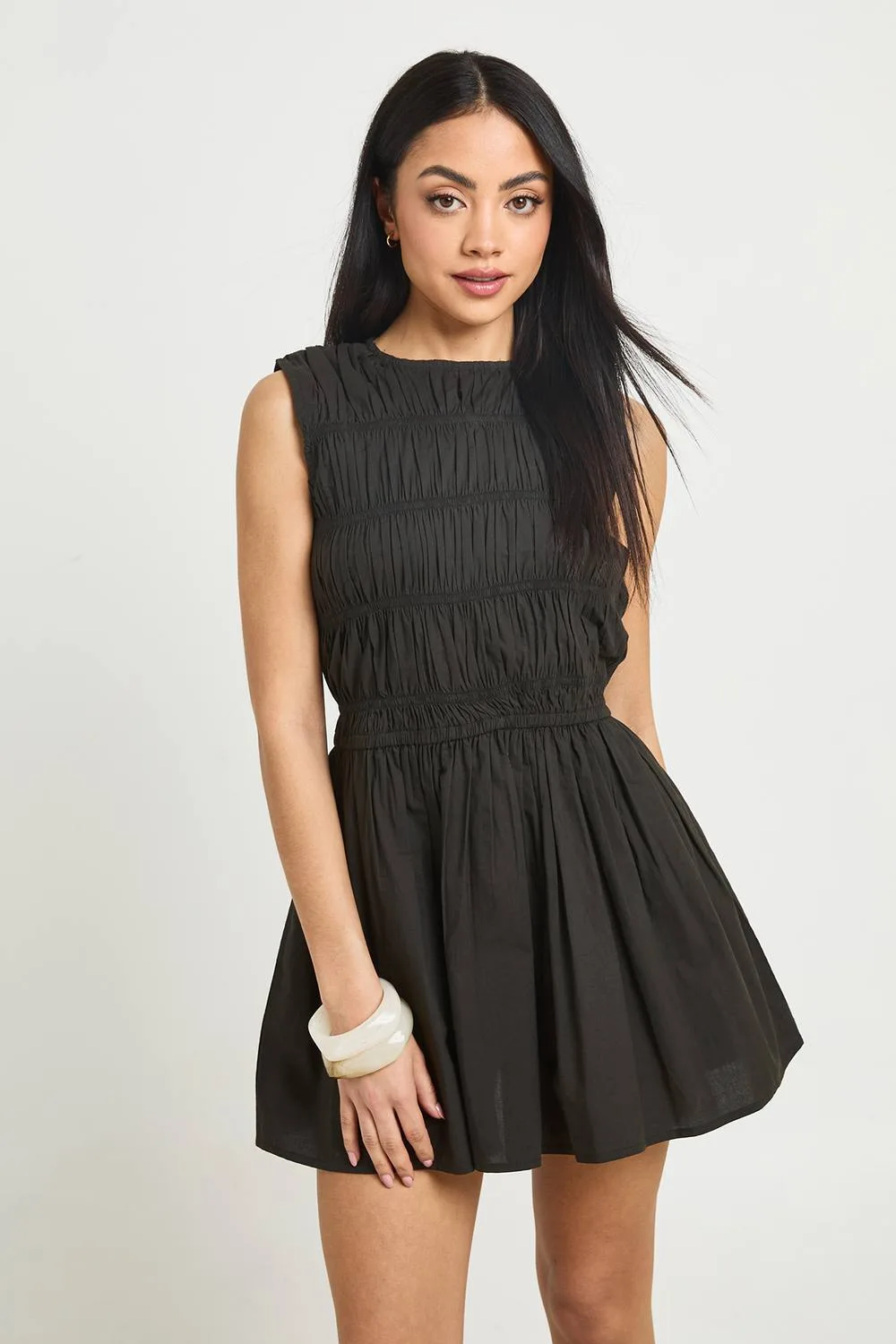 Cotton Poplin Shirred Mini Dress - Denim/Cotton/Woven