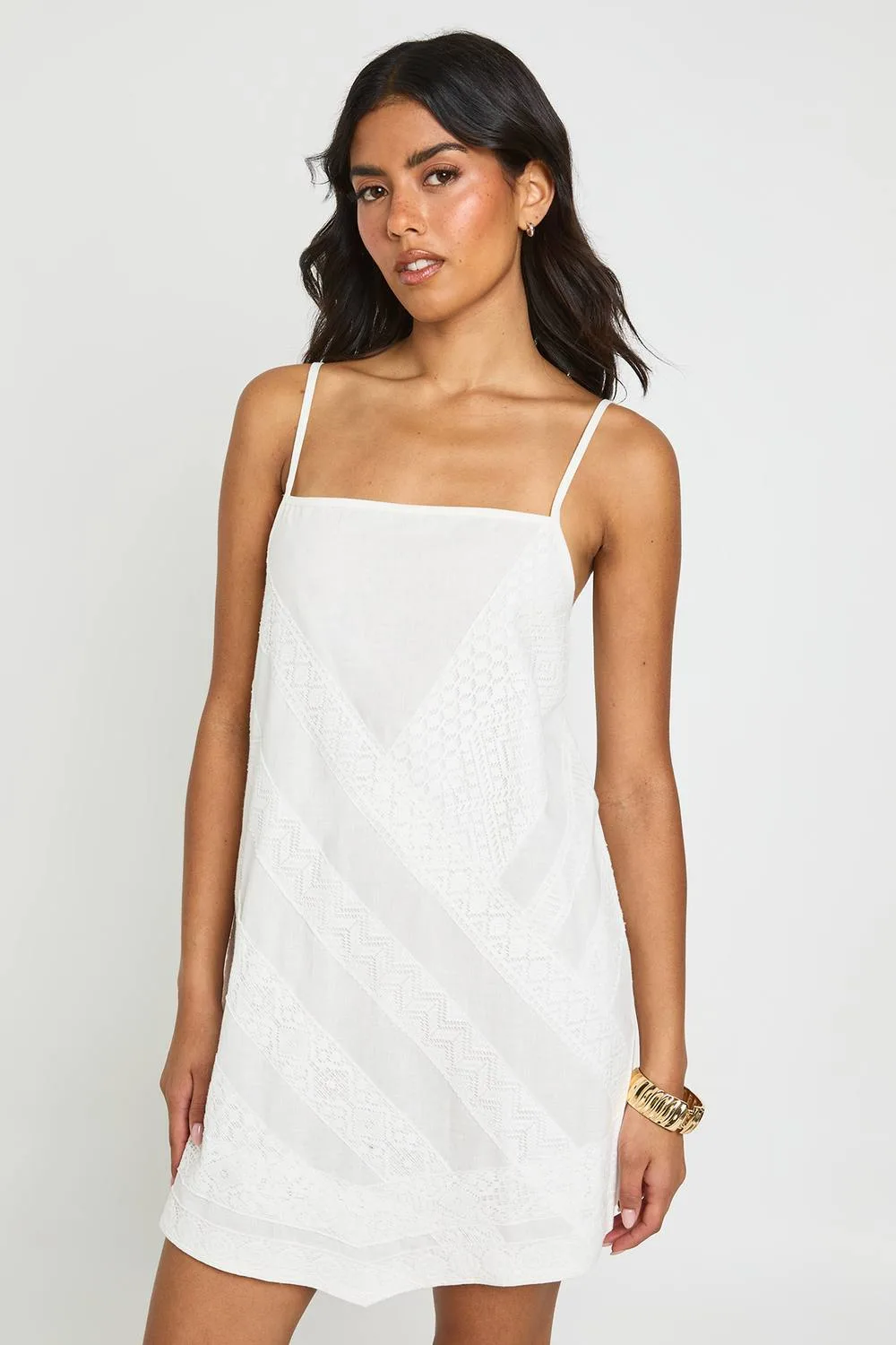 Square Neck Embroidered Strappy Slip Dress - Linen/Polyurethane by boohoo