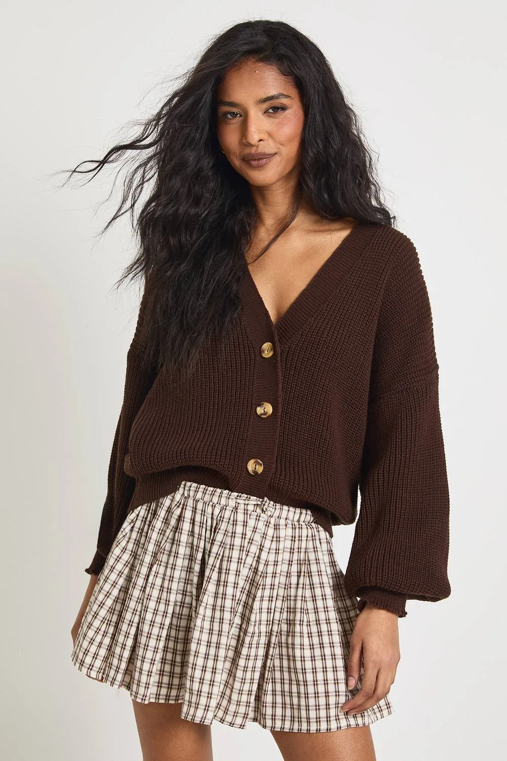 Balloon Sleeve Button Through Rib Cardigan - Knitted by boohoo