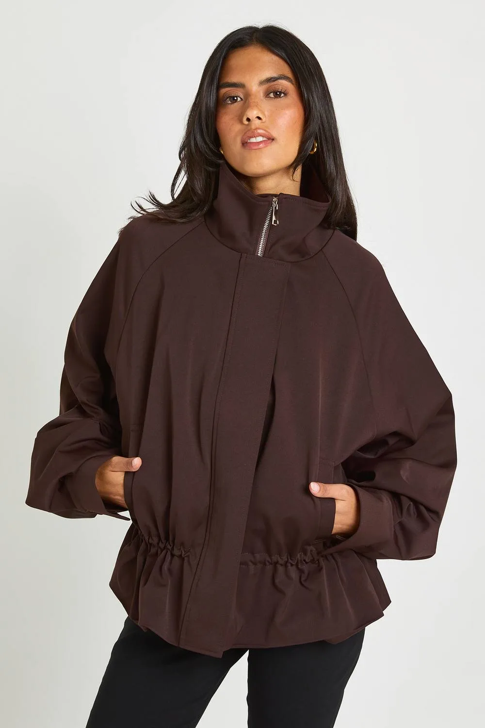 Cinched Waist Funnel Neck Jacket - Polyurethane by boohoo