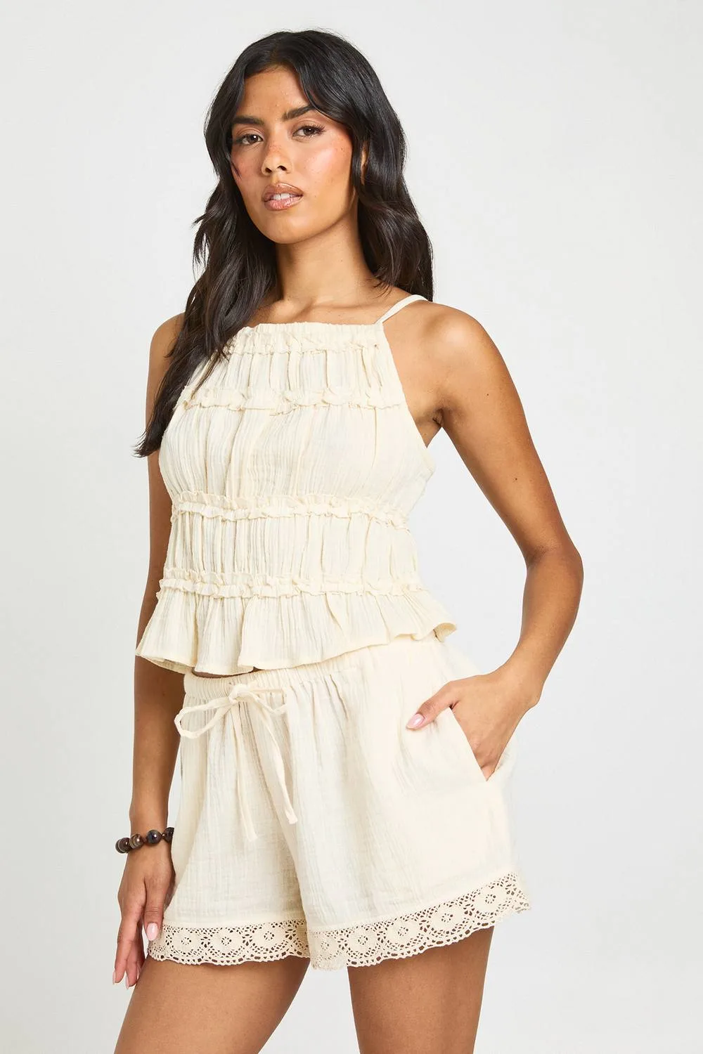 Cheesecloth Frill Detail Shirred Cami Top - Denim/Cotton/Linen