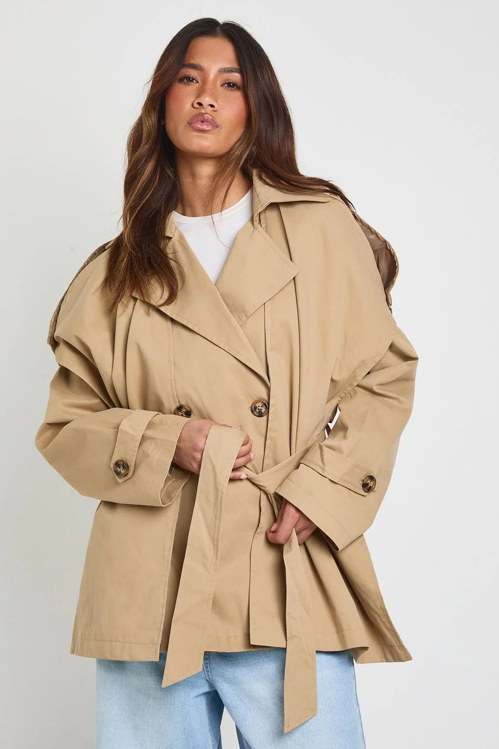 Oversized Collared Belted Short Trench Jacket - Denim/Cotton by boohoo