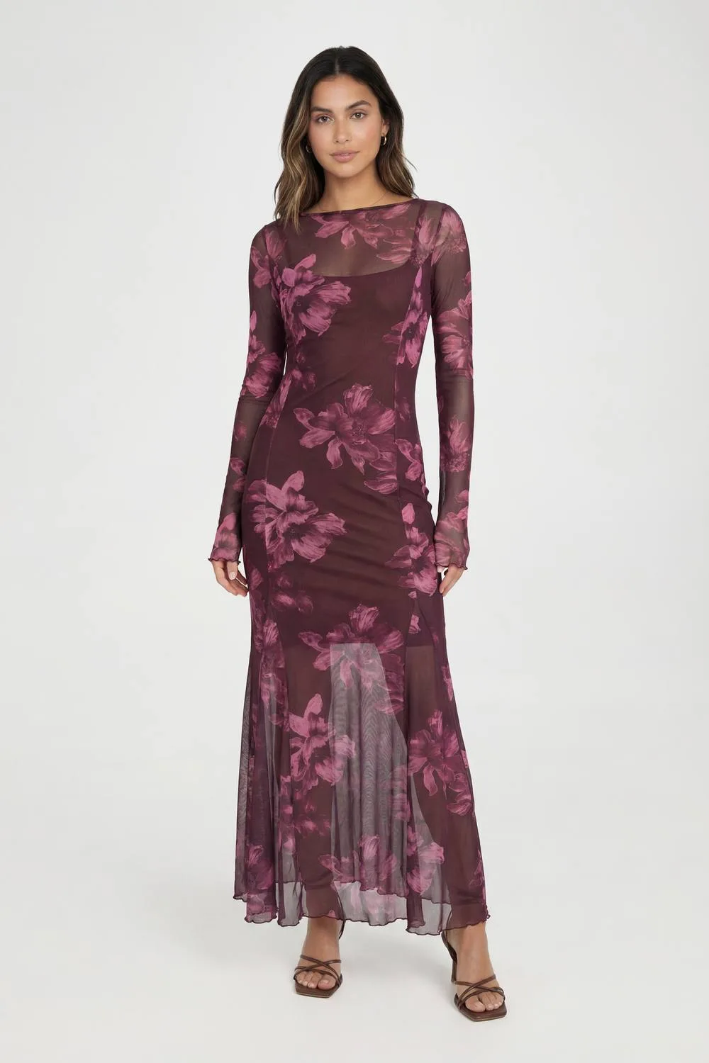 Slash Neck Floral Print Godet Hem Midaxi Dress - Mesh by boohoo