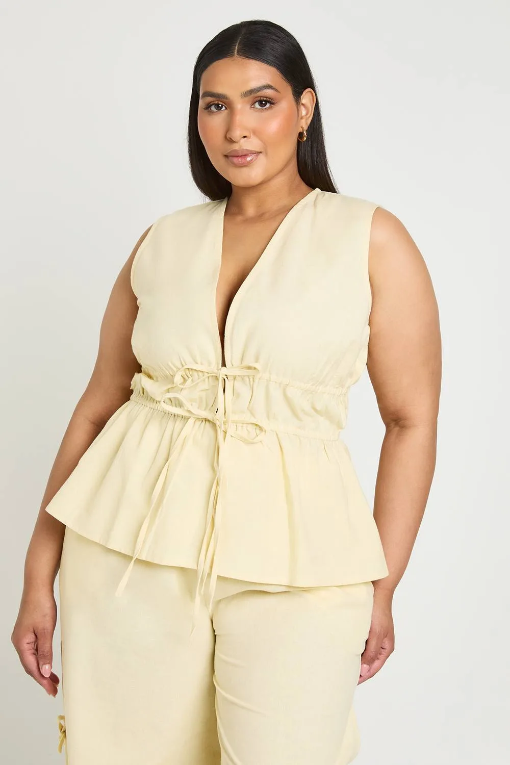 Linen Look Shirred Waist Tie Front Detail Top - Denim/Cotton/Linen by boohoo