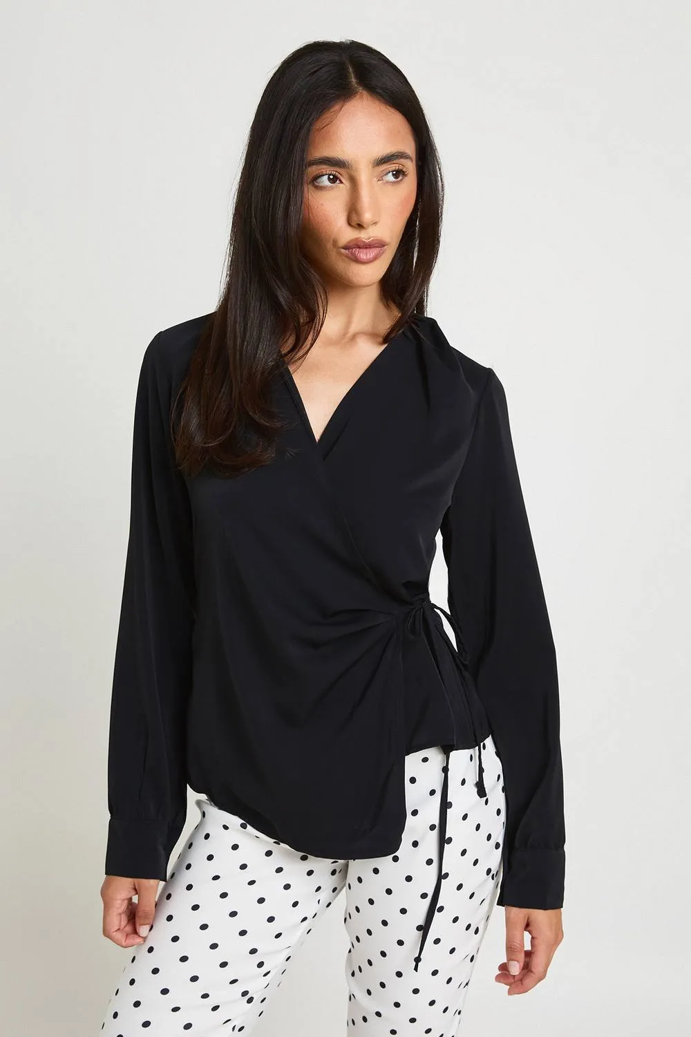 Pleated Woven Wrap Top - Denim/Polyurethane/Woven by boohoo
