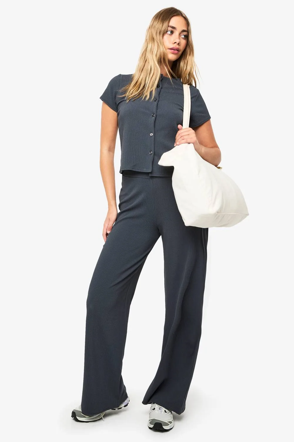 Crinkle Rib Button Through Cap Sleeve Top & Trouser Set - Denim/Polyurethane by boohoo
