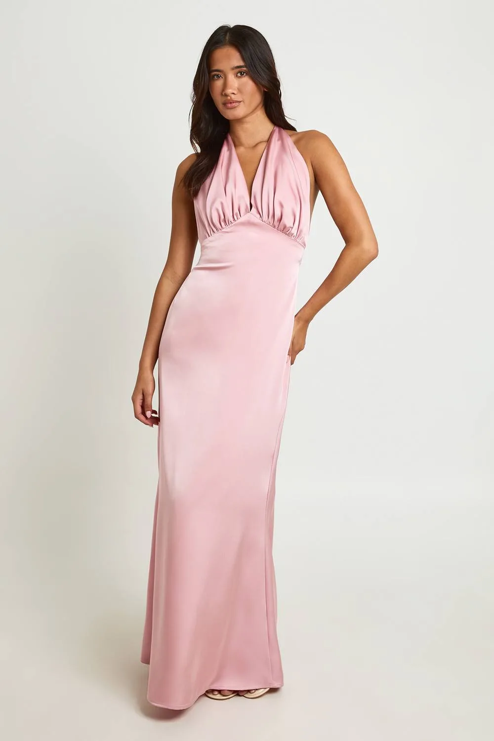 Pleated Satin Halterneck Maxi Dress - Satin/Polyurethane