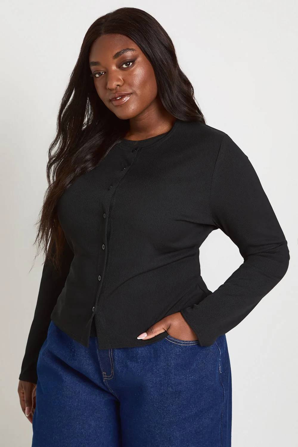 Double Layer Rib Button Down Top - Denim/Polyurethane by boohoo