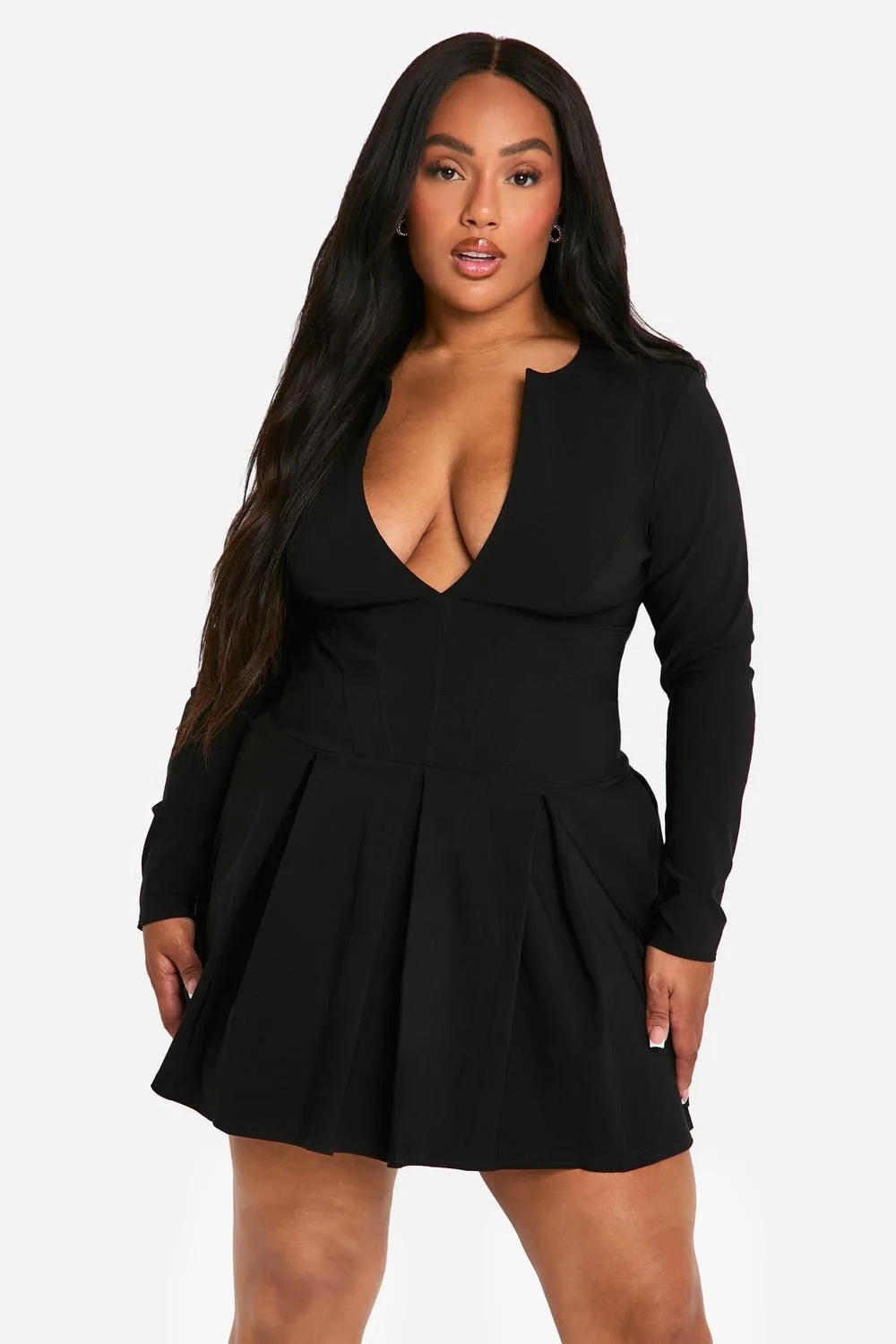 Long Sleeve Corset Detail Plunge Pleated Hem Knitted Dress by boohoo