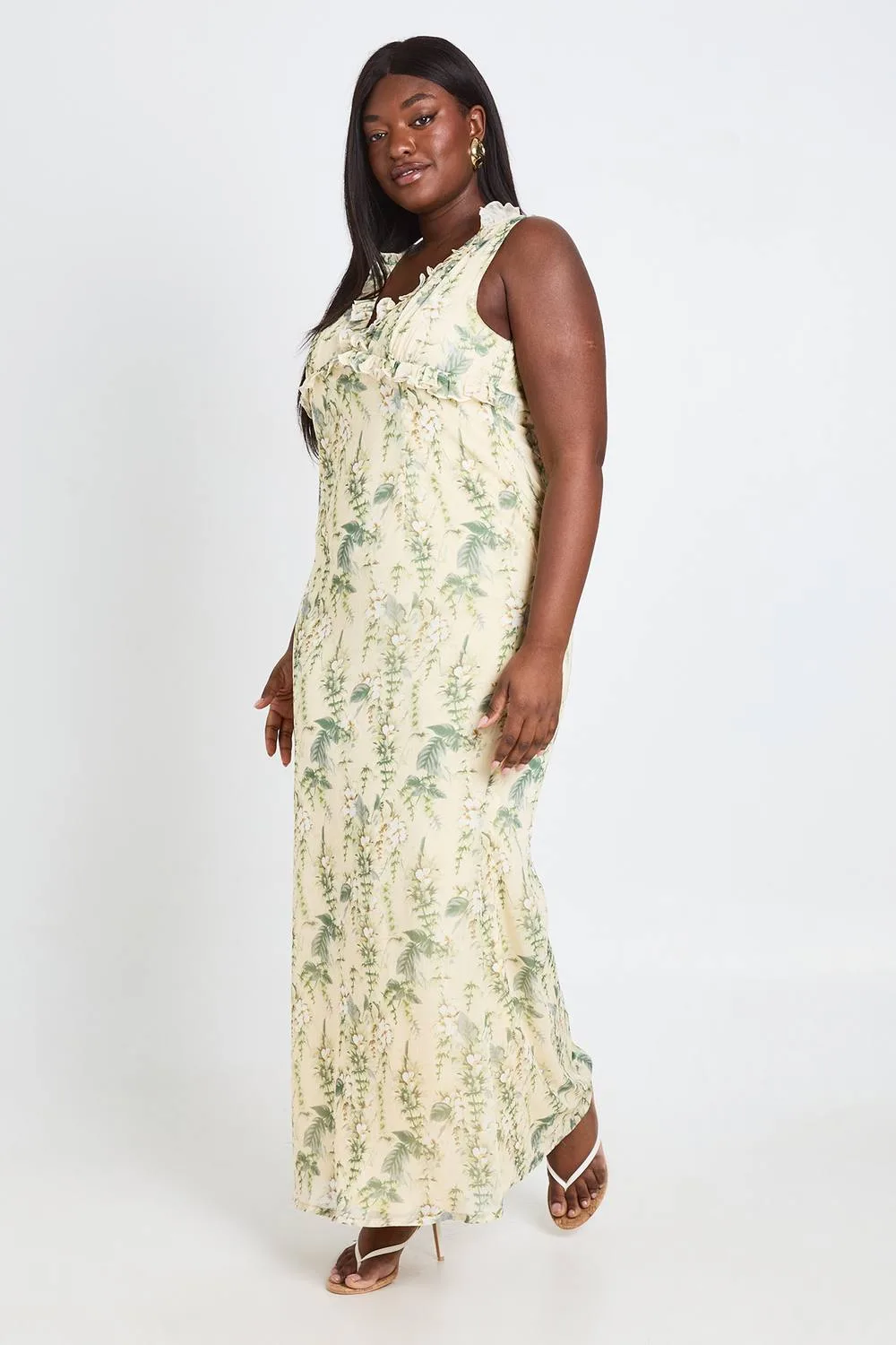 Floral Chiffon Ruffle Detail Maxi Slip Dress by boohoo