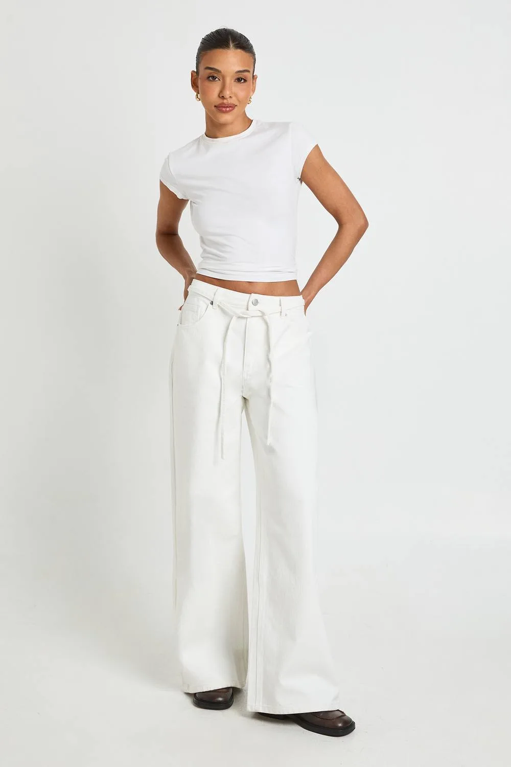 Tie Waist Wide Leg Denim Jean - Denim/Cotton by boohoo
