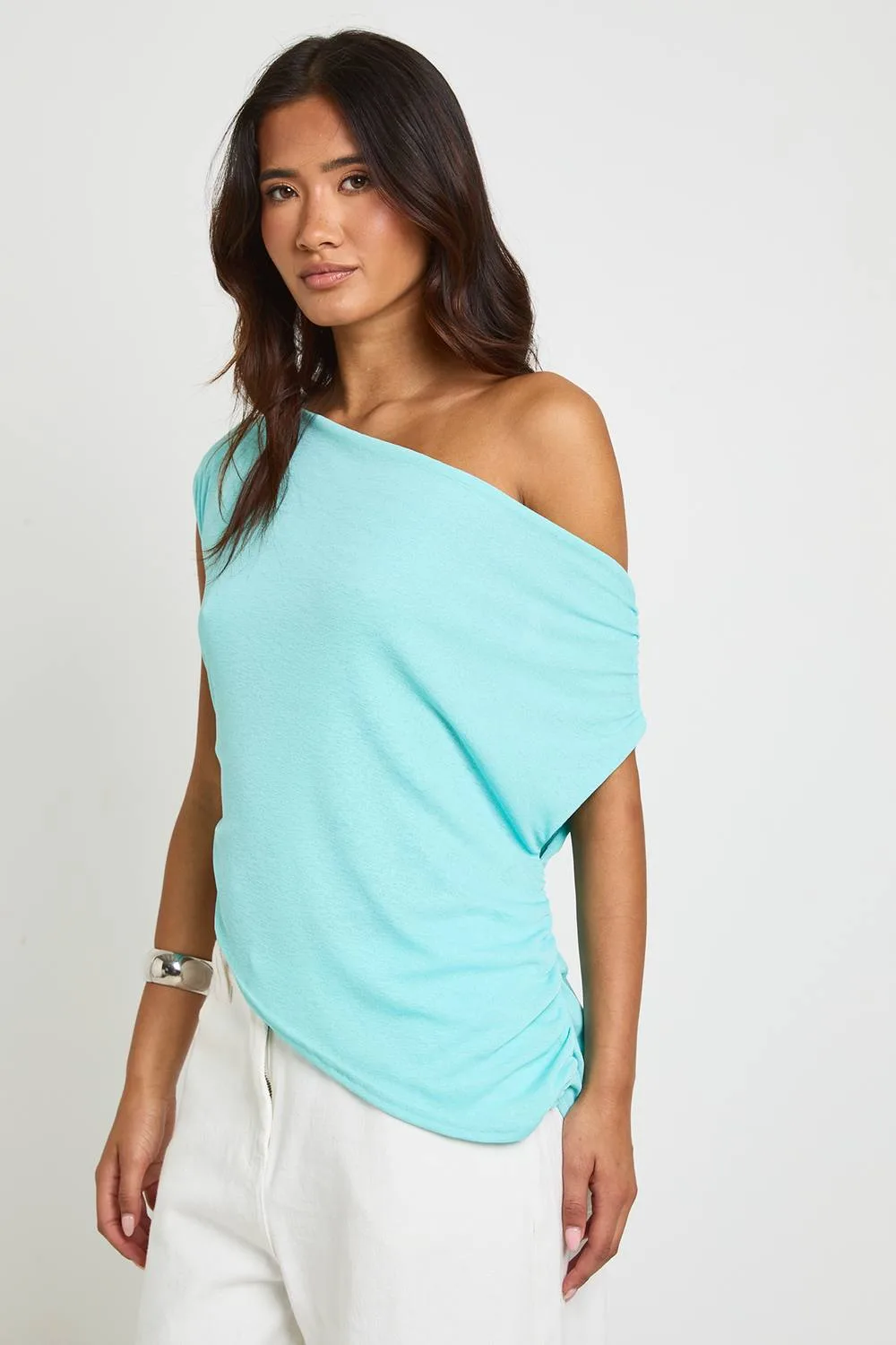 Sheer Textured Ruched Asym Hem Off-The-Shoulder Mesh Top by boohoo
