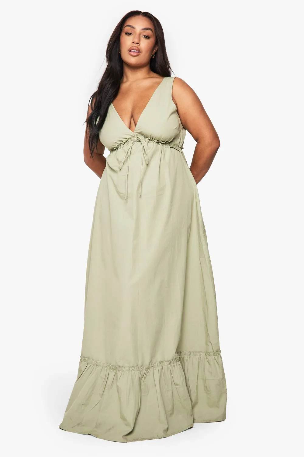 Cotton Poplin Ruched Tie Detail Maxi Dress - Denim/Cotton/Woven by boohoo