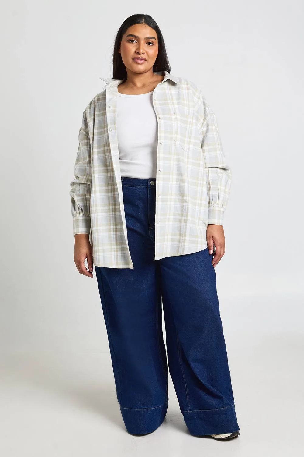 Check Oversized Shirt - Denim/Polyurethane by boohoo