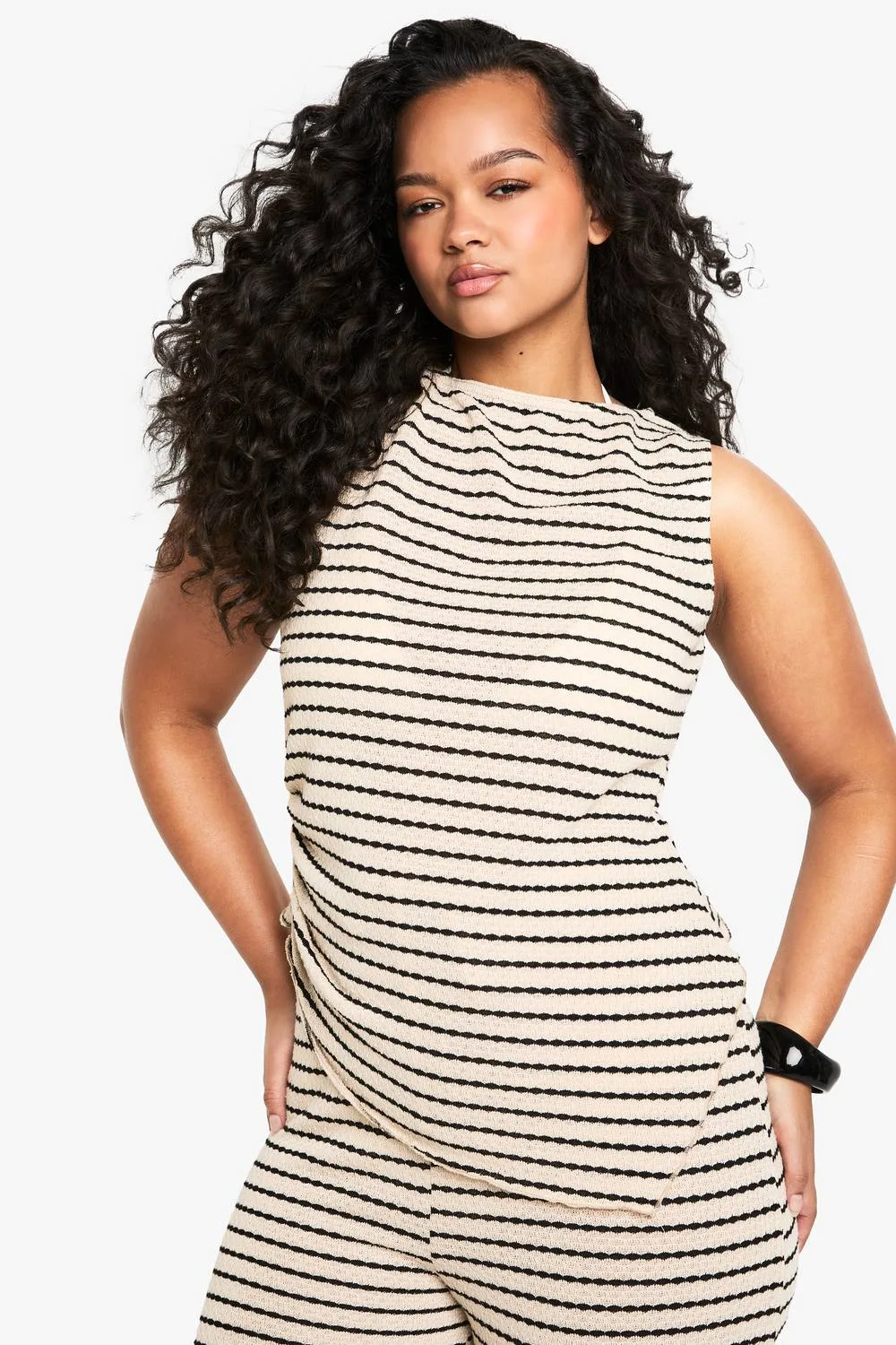 Stripe Rib Top - Denim by boohoo