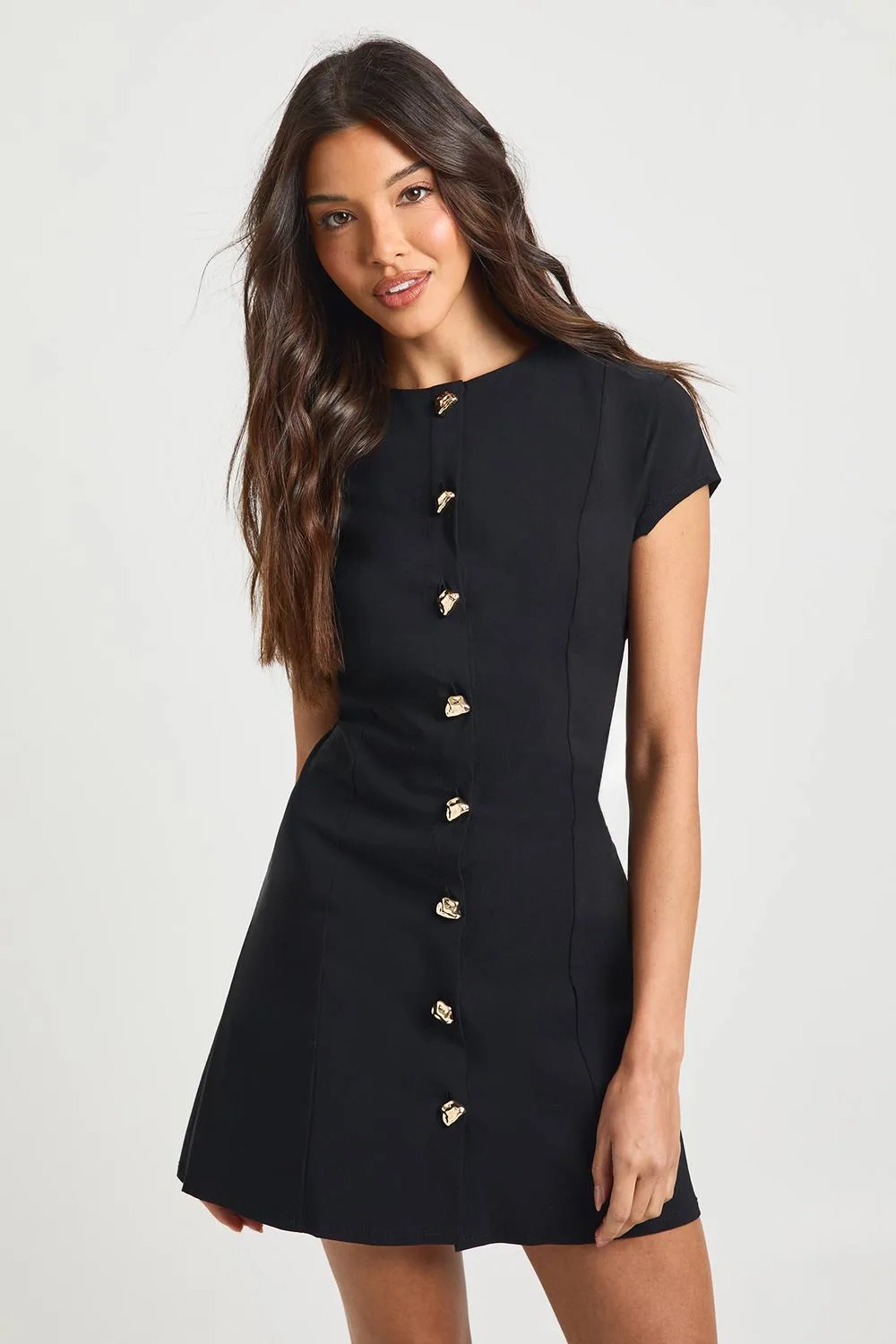 Bengaline Gold Button Trim Cap Sleeve Shift Dress - Knitted