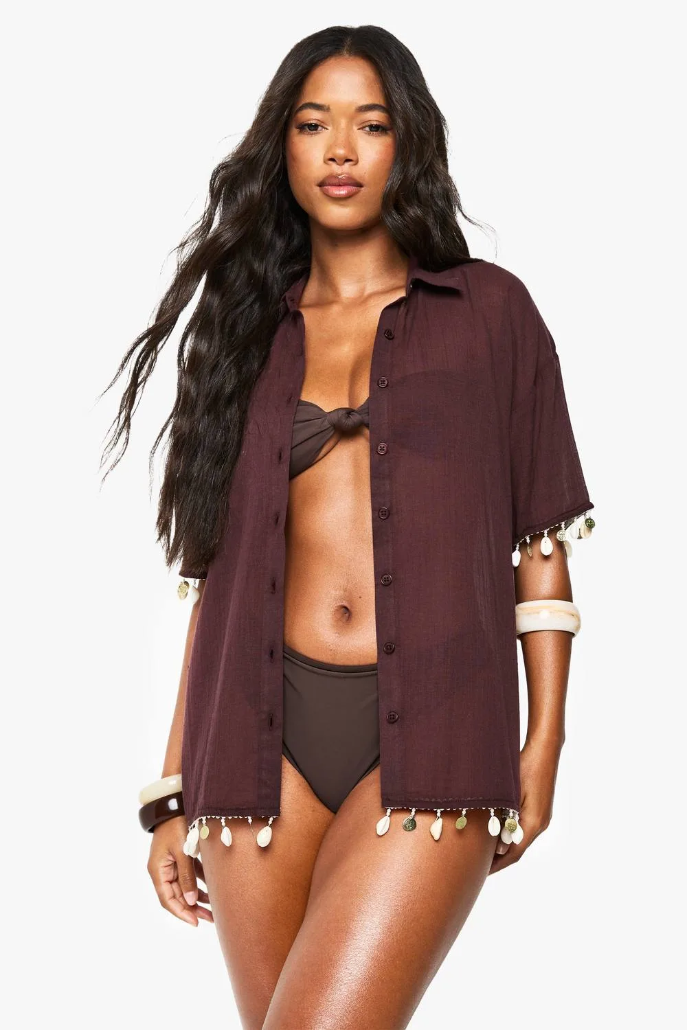 Shell Embellished Beach Shirts - Denim/Cotton by boohoo