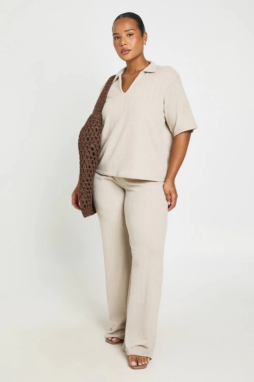 Short Sleeve Collar T-Shirt & Wide Leg Co Ord - Denim/Polyurethane/Woven