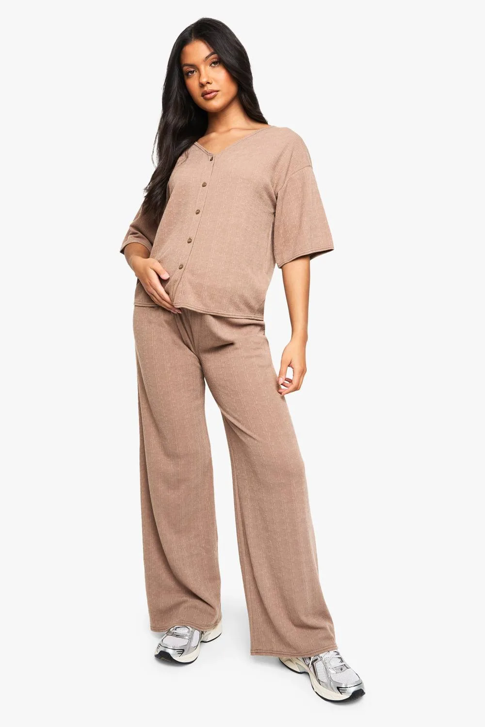Maternity V Neck Button Down Loose Fit Co-Ord - Denim/Polyurethane by boohoo