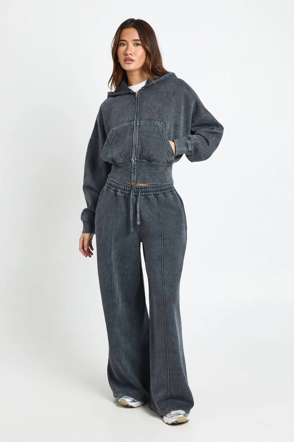 Washed Cinched Waist Double Zip Hoodie Tracksuit - Denim/Polyurethane