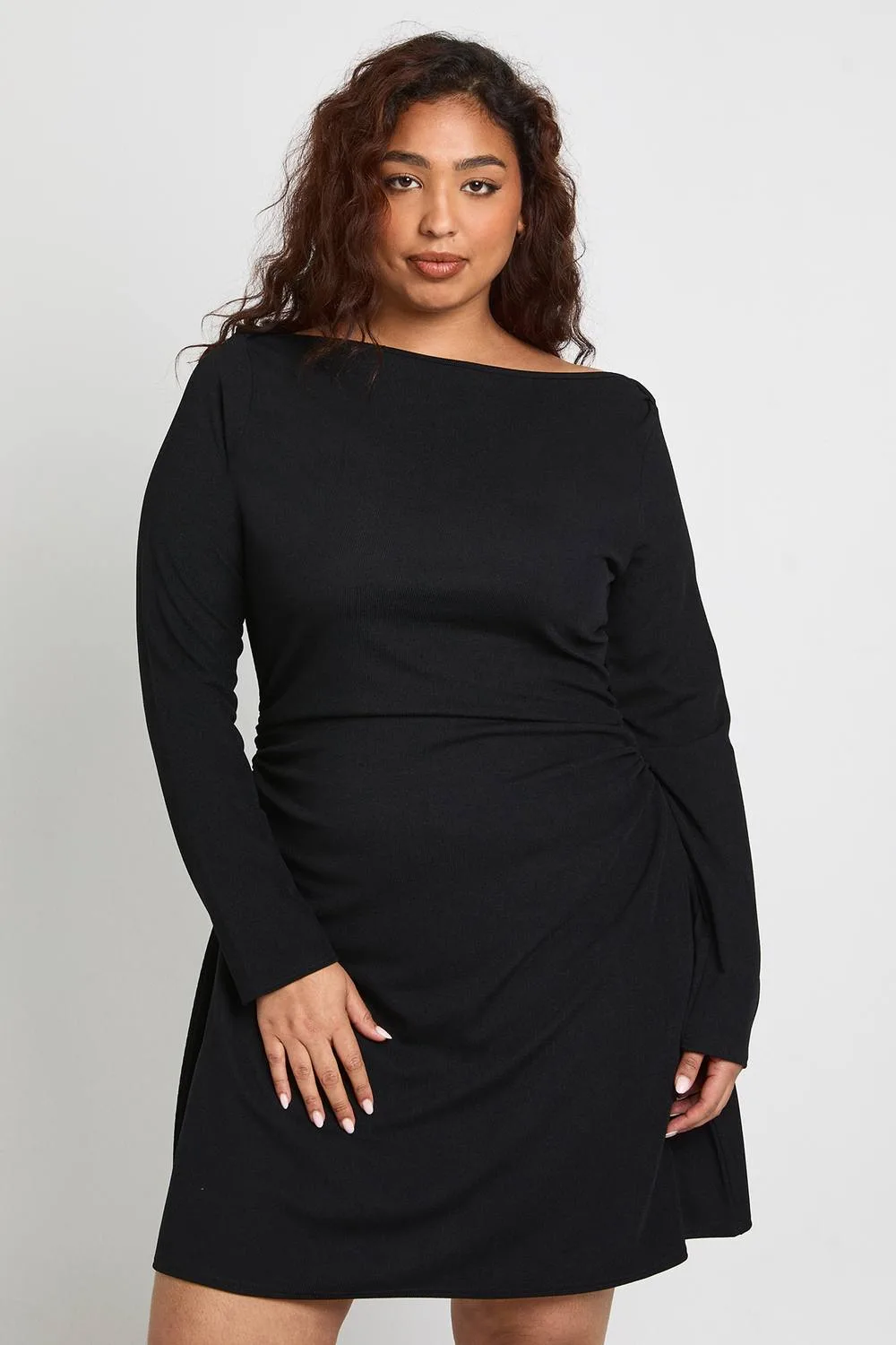 Long Sleeve Ruched Mini Dress - Denim by boohoo