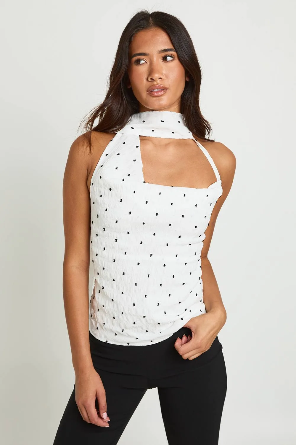 Polka Dot Textured Scarf Top - Polyurethane by boohoo