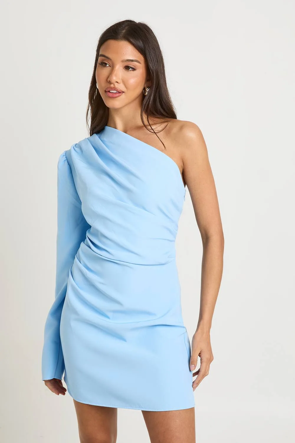 One Shoulder Woven Ruched Mini Dress - Elastane/Woven