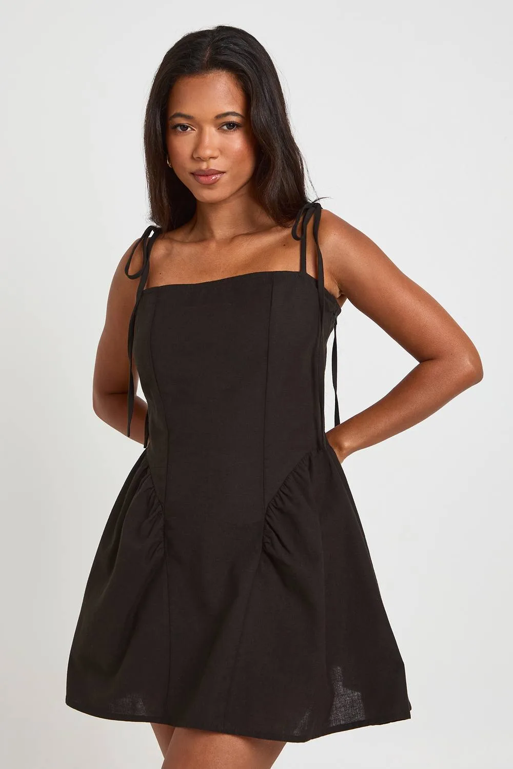 Linen Tie Shoulder Skater Dress - Cotton/Linen by boohoo