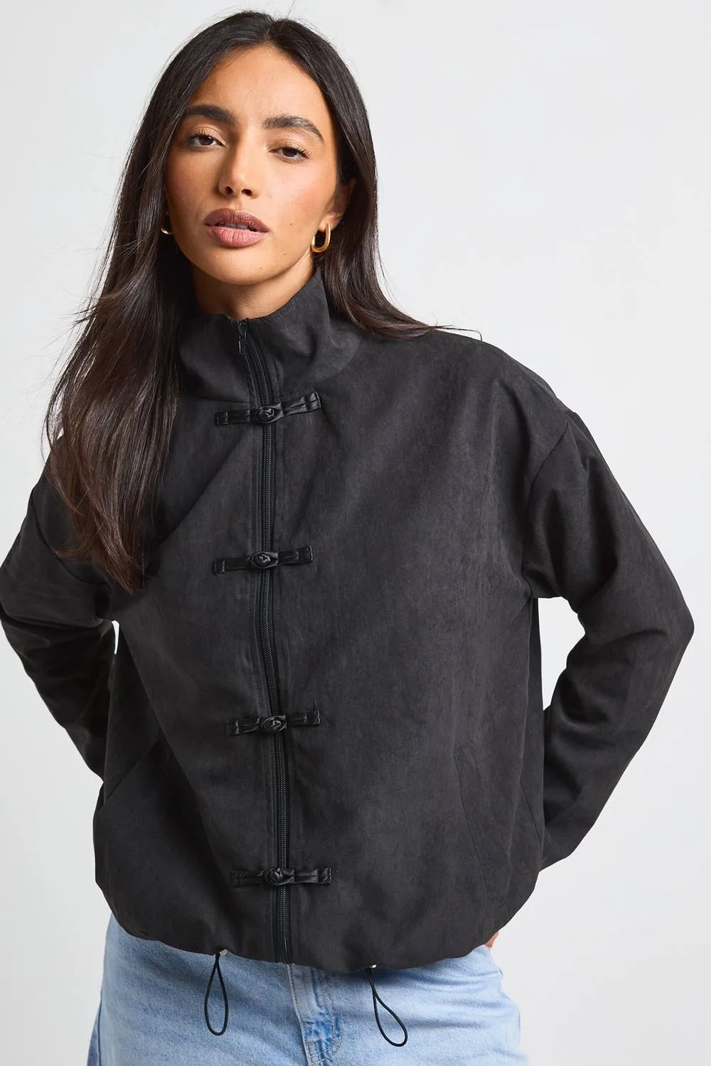 Peached Military Funnel Neck Top - Polyurethane/Suede/Woven by boohoo