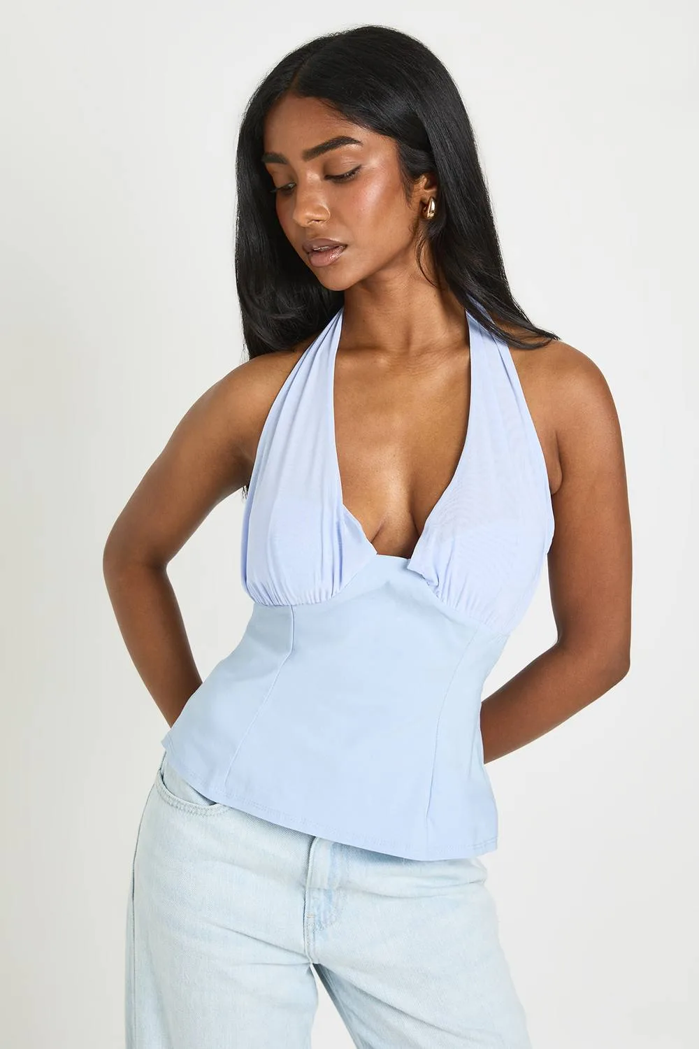 Mesh Halterneck Bengaline Top - Mesh/Elastane/Polyurethane by boohoo