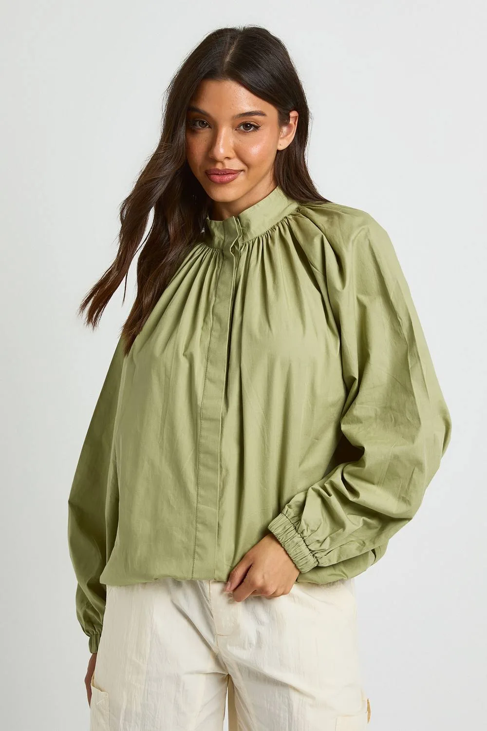 Cotton Funnel Neck Drawstring Shirt - Cotton/Polyurethane by boohoo