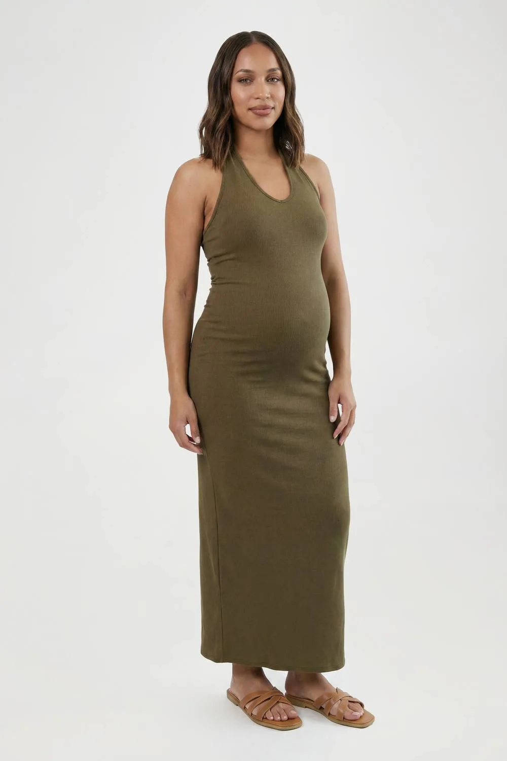 Maternity Rib Halterneck Maxi Dress - Denim/Elastane/Polyurethane by boohoo