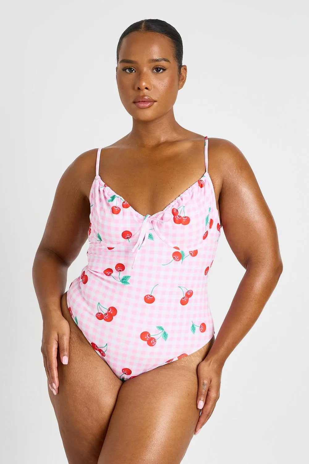 Cherry Gingham Print Underwire Plunge Swimsuit - Linen/Woven by boohoo