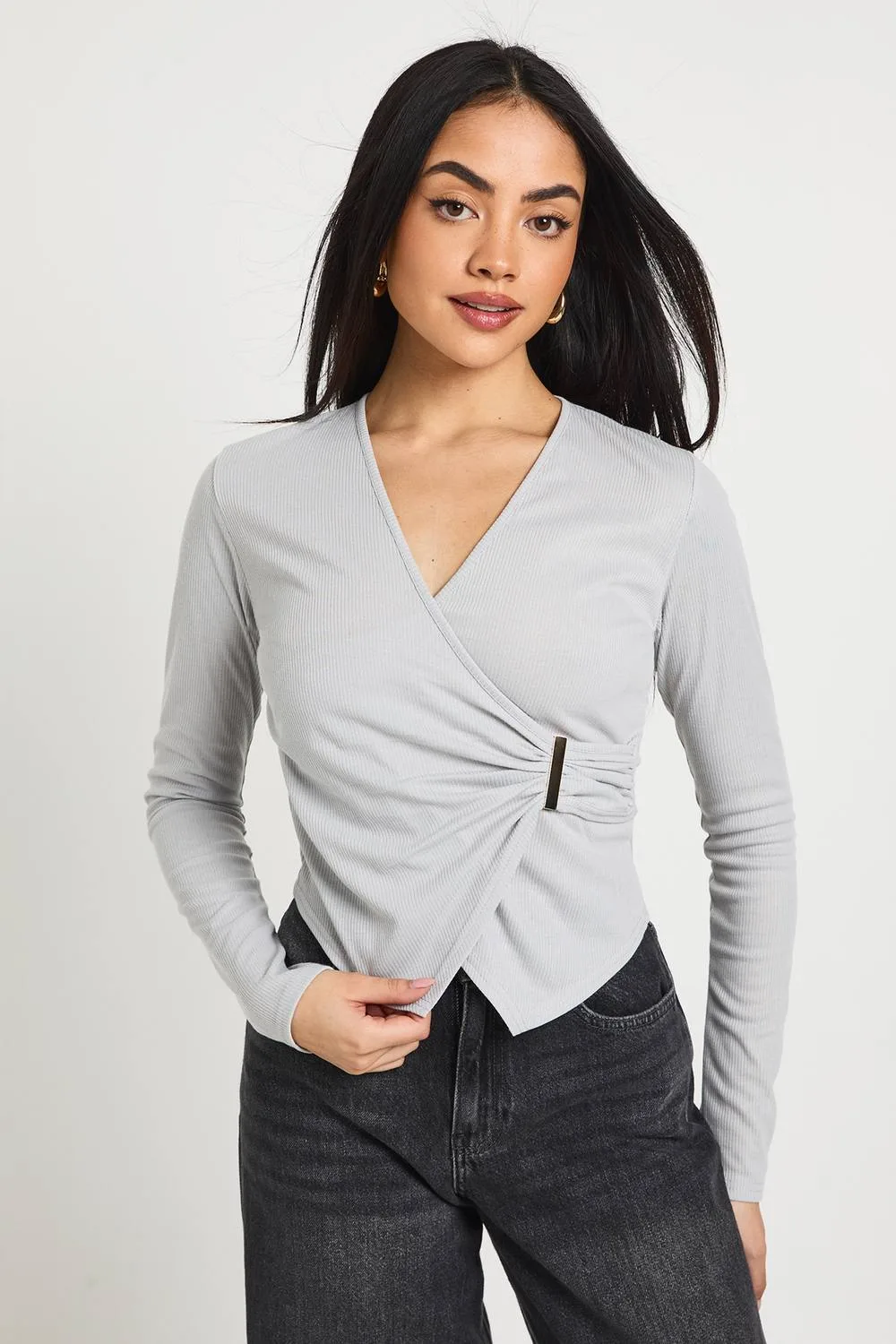 Ribbed Long Sleeve Wrap Front Top with Trim - Denim