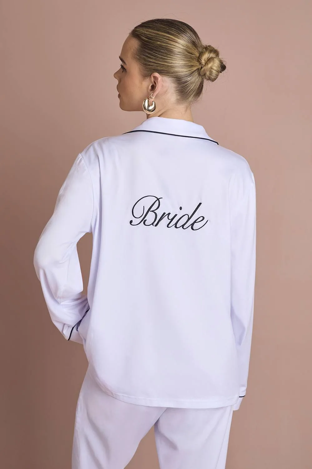 Bridal Bride Jersey Embroidered Long Sleeve Shirt & Trousers Pyjama Set - Knitted by boohoo