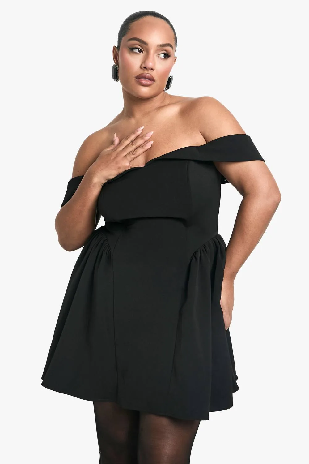 Off-The-Shoulder Pleated Skater Dress - Woven
