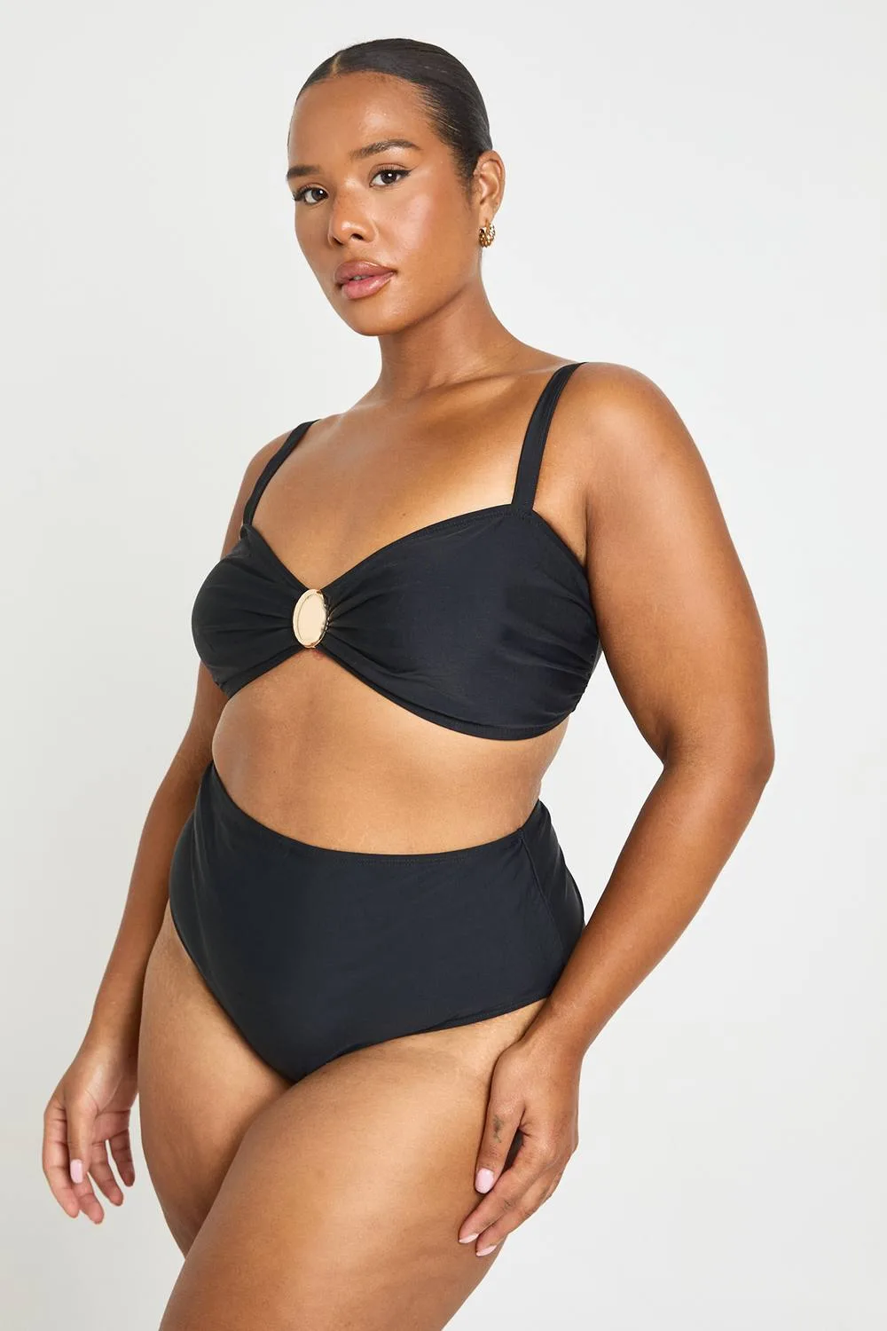 Trim Detail Bikini Top & High Waist Brief Set - Linen/Polyurethane by boohoo