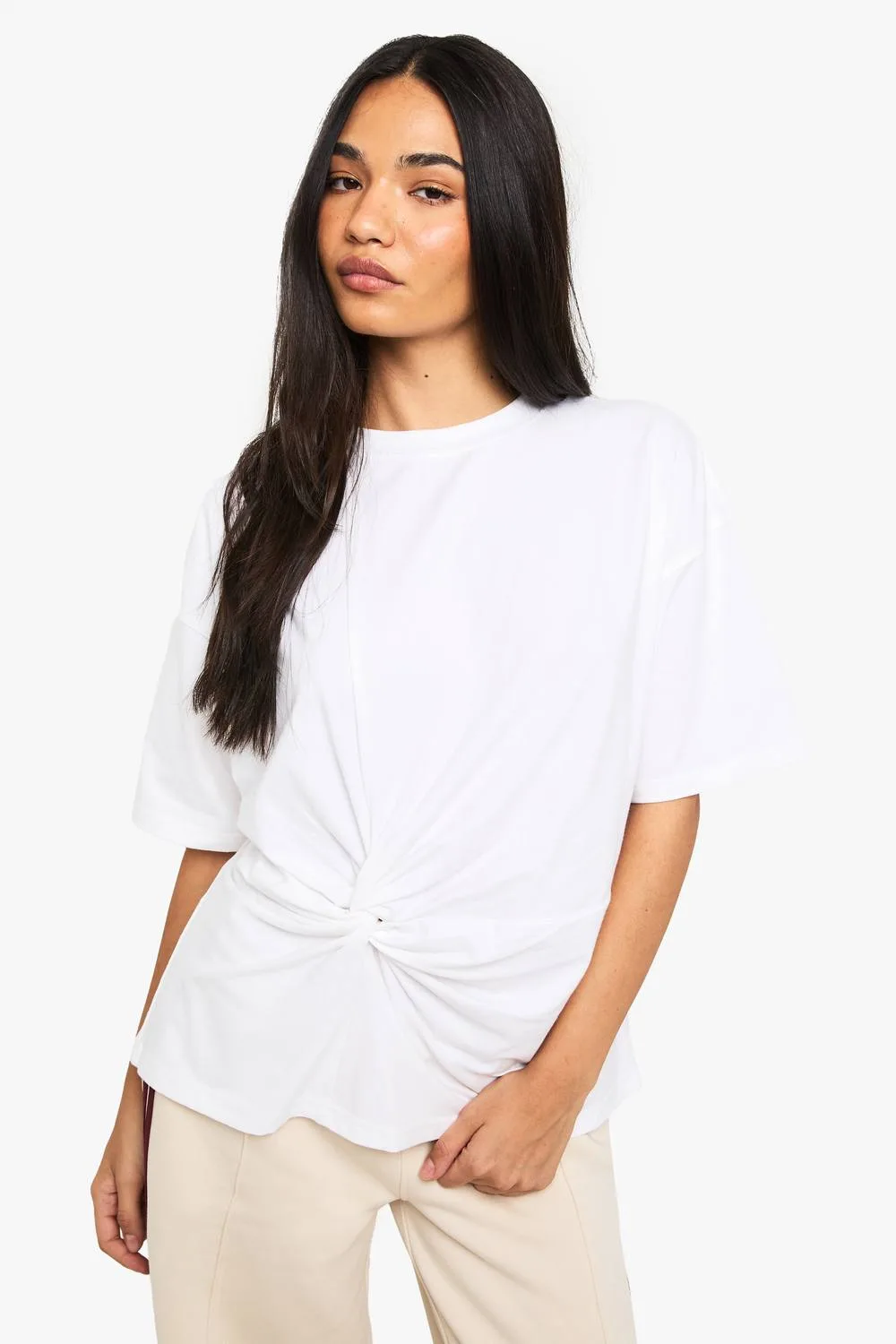 Gathered Front Twist T-Shirt - Denim/Cotton by boohoo